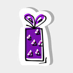 Hand drawn illustration with colorful violet gift decorated for Christmas for sticker, print, poster, card design. Vector illustration with an offset outline.
