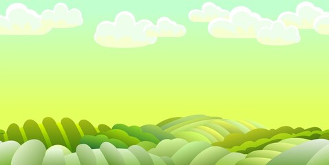 Obraz premium Rural landscape with sky and garden farmer hills. Cute funny cartoon design. Horizontally background seamless illustration. Flat style. Vector.