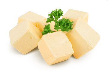 butter cubes isolated on white background with clipping path and full depth of field