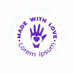 Hand with negative space heart logo. Hand-made symbol. Made with love icon. Charity symbol.
