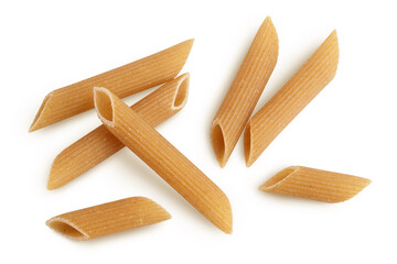 Wolegrain penne pasta from durum wheat isolated on white background with clipping path and full depth of field. Top view. Flat lay,