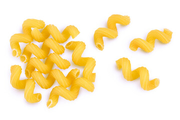 raw pasta cavatappi isolated on white background with clipping path and full depth of field. Top view. Flat lay