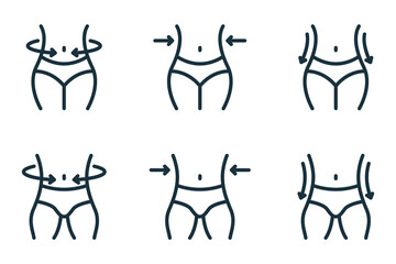 Slimming Waist. Woman and Man Loss Weight Line Icon. Shape Waistline Control Outline Icon. Set of Female and Male Body Slimming Linear Pictogram. Editable Stroke. Isolated Vector Illustration