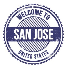 WELCOME TO SAN JOSE - UNITED STATES, words written on blue stamp