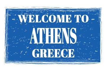 WELCOME TO ATHENS - GREECE, words written on greek blue stamp