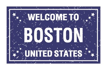Fototapeta premium WELCOME TO BOSTON - UNITED STATES, words written on blue rectangle stamp