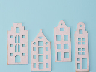 houses postcard, art. Top view, flat lay. background. pastel colors