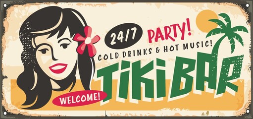 Tiki bar retro sign idea with Hawaiian girl, palm trees and vintage typography. Old sign for beach bar cafe. Comic style vector party banner. Welcome to Hawaii.