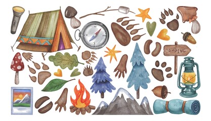 Hand drawing watercolor collection set ig camping objects and forest animals paws. Use for poster, print, postcard, pattern, flyers, template, shop, children’s book, illustration, icon