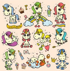 Obraz premium Set of cute doodle magic unicorns and magic things for kid's greeting card design, t-shirt print, inspiration poster.