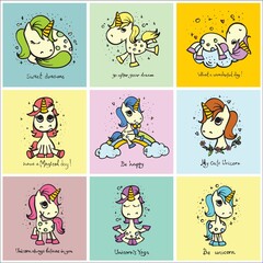 Fototapeta premium Set of cute doodle magic unicorns and magic things for kid's greeting card design, t-shirt print, inspiration poster.