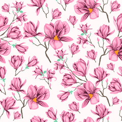 Seamless vector pattern of pink flowers and sprigs of magnolia on a white background