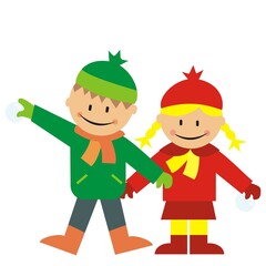 snowballing, boy and girl, cute vector illustration