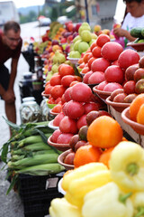 Customer selects products from the local market. Fruits and vegetables selling on local farm market, eco, bio products. Shopping organic products. Healthy grocery. Selected focus