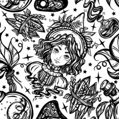 Vector illustration, Halloween, witch, mystic, witchcraft, bottles of potion, dried leaves. handmade, prints, background white, seamless pattern