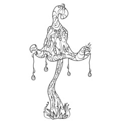 Illustration of a black empty contour of a mushroom on a white background. Magic poisonous mushroom. Mushroom hand drawn engraving. Isolated vector illustrations for coloring