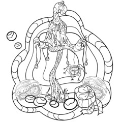 Composition for coloring. Contour of a mushroom. Black outline fairytale fly agaric with magic clover, hand-drawn in cartoon style and doodle