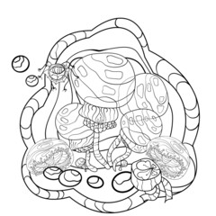 Composition for coloring. Contour of a mushroom. Black outline fairytale fly agaric with magic clover, hand-drawn in cartoon style and doodle