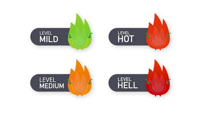 Hot red pepper strength scale indicator with mild, medium, hot and hell positions. Motion graphics.