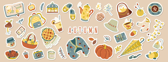 Set of cute vector autumn stickers for daily planner.Cozy home.Collection of scrapbooking elements:pumpkin,sweater,candle,falling leaves,mushroom.Concept for seasonal poster,card.Doodle icons pack - obrazy, fototapety, plakaty