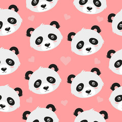 Cute, cartoon panda on a pink background. Seamless pattern. Can be used for wallpaper, pattern fills, web page background, surface textures