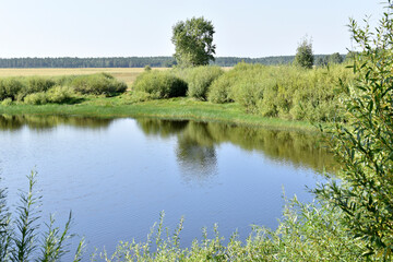 Blue lake with a green shore fishing landscape