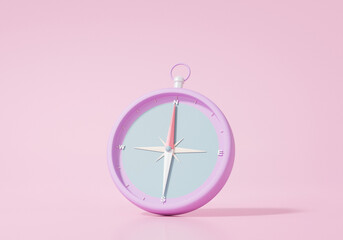 3D render Purple compass icon; direction location; map travel navigation concept. website; Minimal cartoon style on pink background. illustration - obrazy, fototapety, plakaty