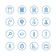 Set of 16 blue school supplies icon on white background