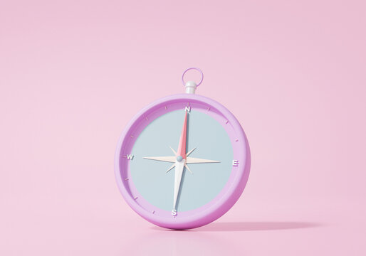 3D render Purple compass icon; direction location; map travel navigation concept. website; Minimal cartoon style on pink background. illustration