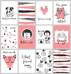 Vector set of isolated doodle cards with tribal animals and other pictures for kid's interiors, banners and posters.