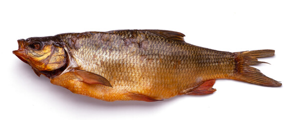 Smoked fish ide isolated on white background close up