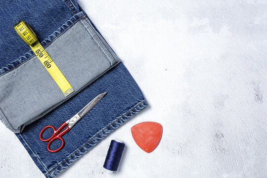 Handicraft, Clothing Repair. Ripped Blue Jeans Sewing Accessories