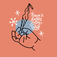 Have a holly jolly Christmal - lettering Greeting card. Baby hand decorating Christmas tree with icicle glass toy. Winter holidays. Elegant minimalistic linear vector illustration