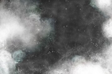 Background illustration, space, black sky and white clouds, bright stars