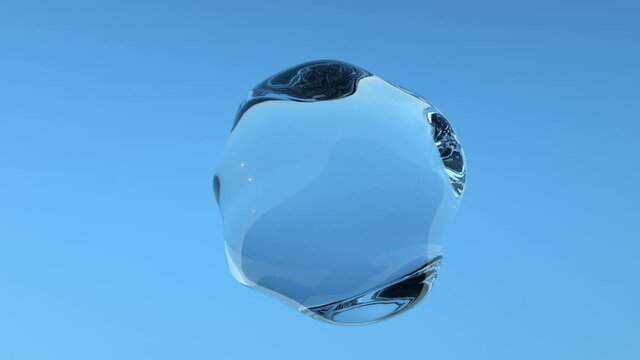 Animation 3d drop of water moves and deforms on a blue background