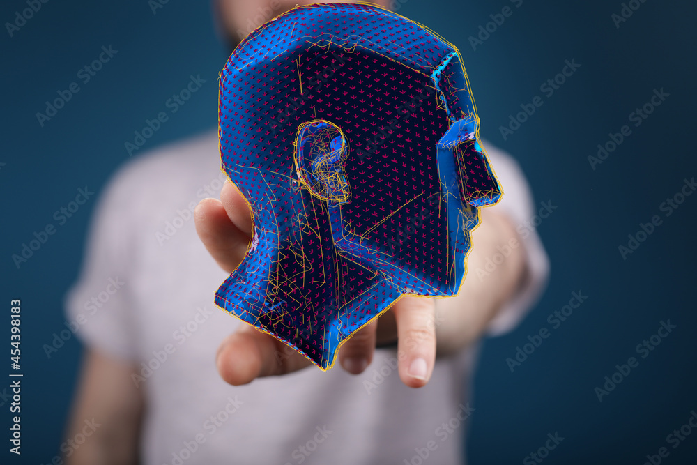 Sticker human head and brain with artificial intelligence concept