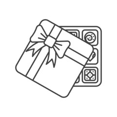 Icon of an open box of sweets for a holiday rewound bow. Valentine Day gift. Lid to the left of the box. Isolated vector on white background.
