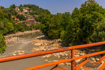 KUTAISI, GEORGIA: View of the Rioni River and the Red Bridge in Kutaisi.