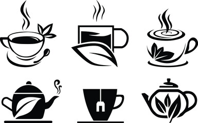 set of tea cups in line art style