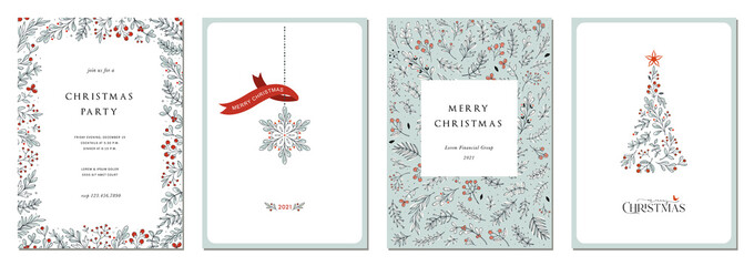 Merry Christmas and Happy Holidays cards with New Year tree, snowflake, floral frames and backgrounds. Ornate modern universal artistic templates.