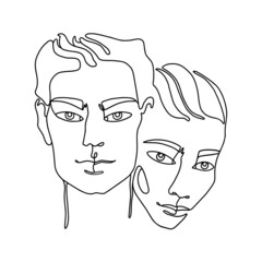 Outline couple silhouettes of head and faces. Man and woman together. Line art two people in love. One line drawing pair. Isolated white background. Relationships.Interior decor minimal style. Fashion