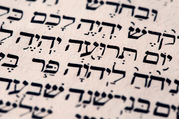 Closeup of hebrew words Yom Teruah in Torah page that translate in english as Day of Trumpets -...