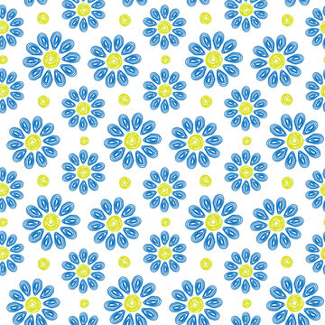 Beautiful blue-yellow flowers isolated on white background. Cute floral seamless pattern. Vector simple flat graphic hand drawn illustration. Texture.