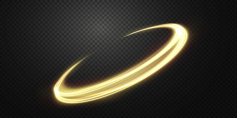 Luminous gold wavy line of light on a transparent background. Gold light, electric light, light effect png. Curve gold line png for games, video, photo, callout, HUD. Isolated vector illust	
