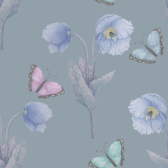 Seamless pattern of blue poppies and butterflies on a light gray background