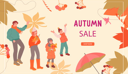 Autumn harvest market or shop sale website page template with family in fall season clothing, flat vector illustration. Landing page or web banner mockup for autumn.