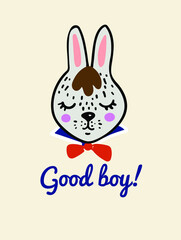 A hand-drawn head of a cute rabbit boy, a forest kid head with a collar and a bow, a cute animal character, black and white, a bunny boy funny card 