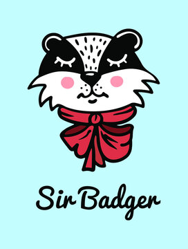 Cute hand-drawn badger head with an elegant bow, noble anthropomorphic animal, sir badger