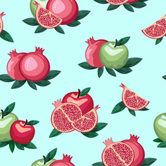 A vivid pomegranate and apples repeat pattern on blue background, ripe fruits seamless pattern