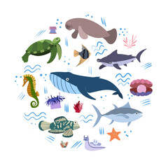 Design template with sea animal in circle for kid print. Round composition of marine animals, turtle and sea horse, whale, tuna and hummerhead shark. Vector set of underwater life in cartoon style.